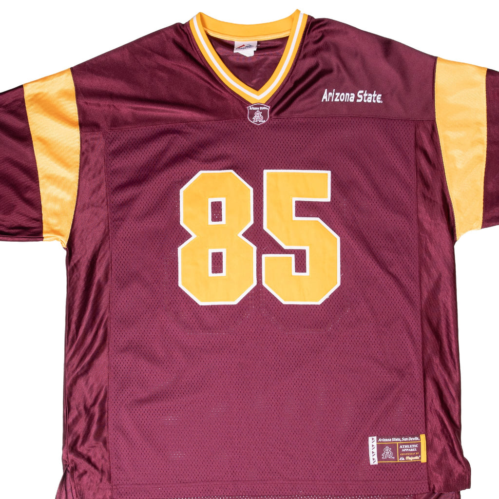 Front detail of maroon Arizona State Sun Devils #85 football jersey with gold shoulder panels