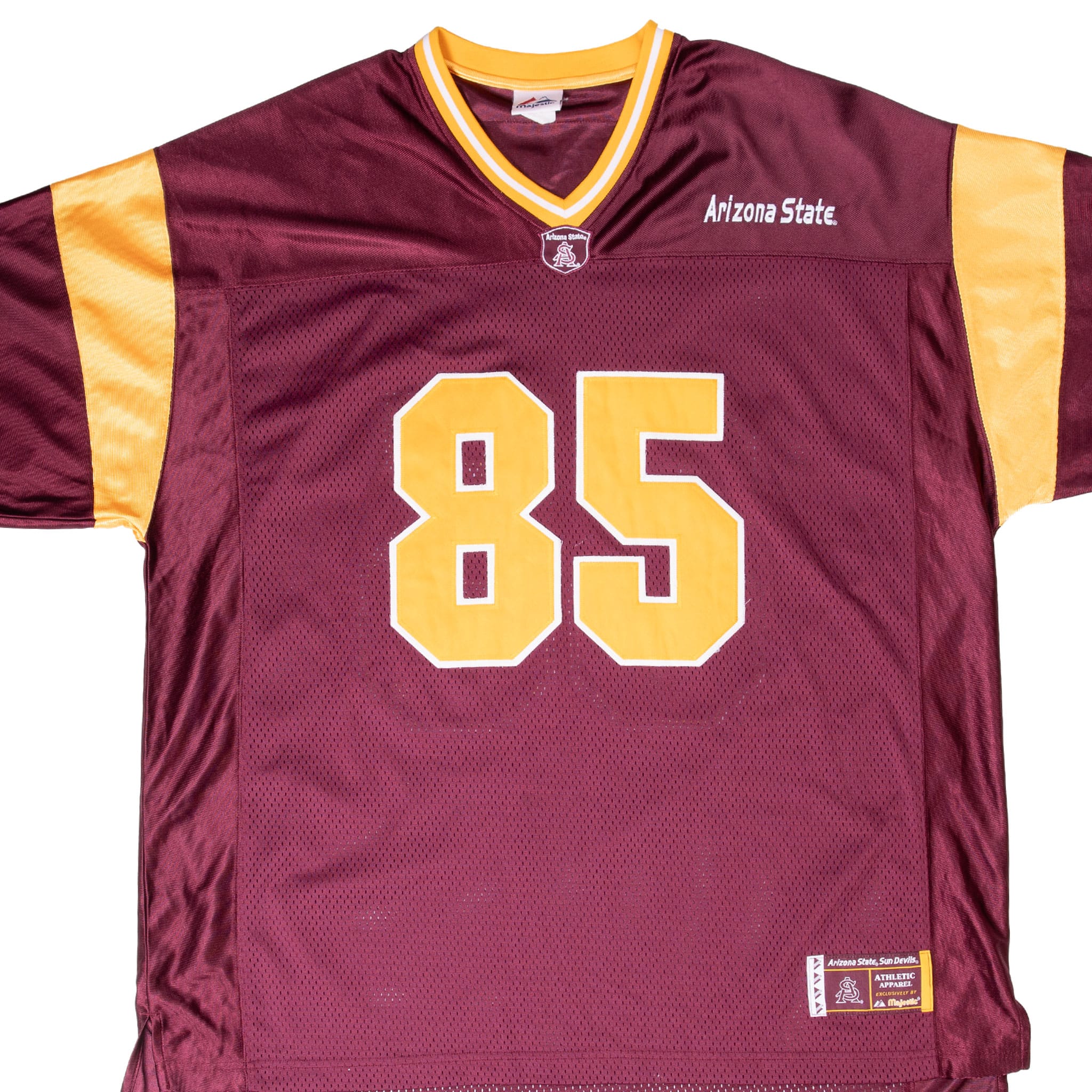 Front detail of maroon Arizona State Sun Devils #85 football jersey with gold shoulder panels