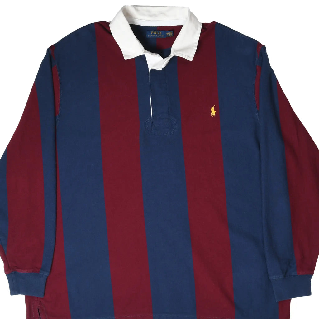 Front of Polo Ralph Lauren rugby shirt with burgundy and navy stripes, white collar, and yellow pony logo
