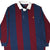 Front of Polo Ralph Lauren rugby shirt with burgundy and navy stripes, white collar, and yellow pony logo