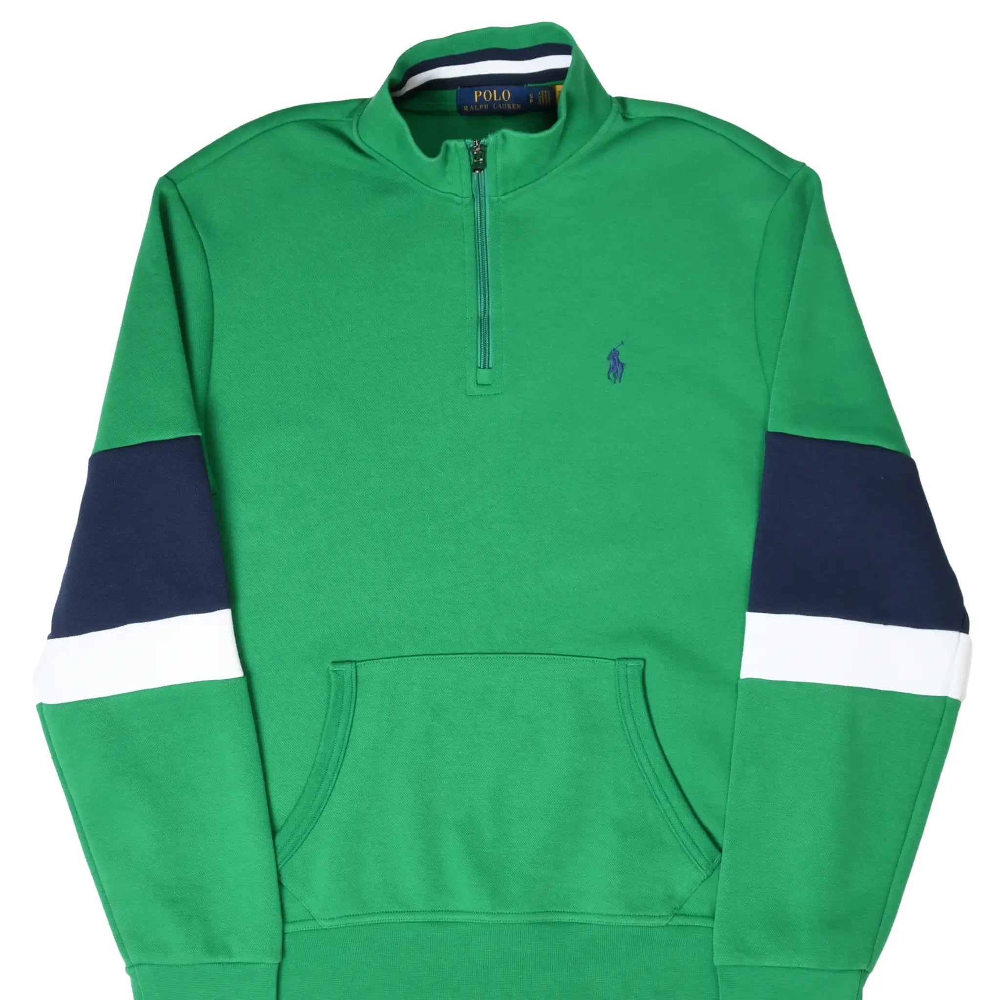 Front of green Polo Ralph Lauren quarter-zip sweater with navy and white sleeve stripes