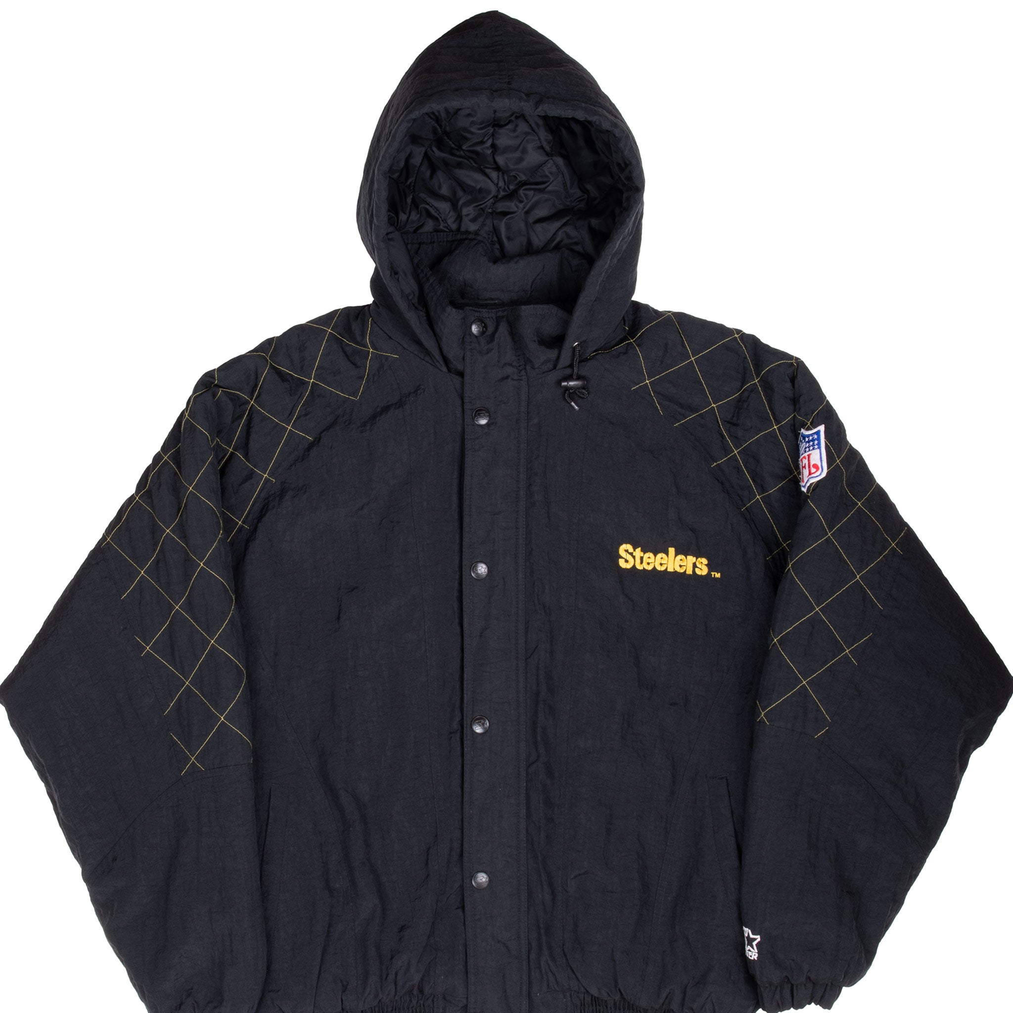 VINTAGE STARTER NFL PITTSBURGH STEELERS HEAVY HOODED WINDBREAKER JACKET 1990S XL