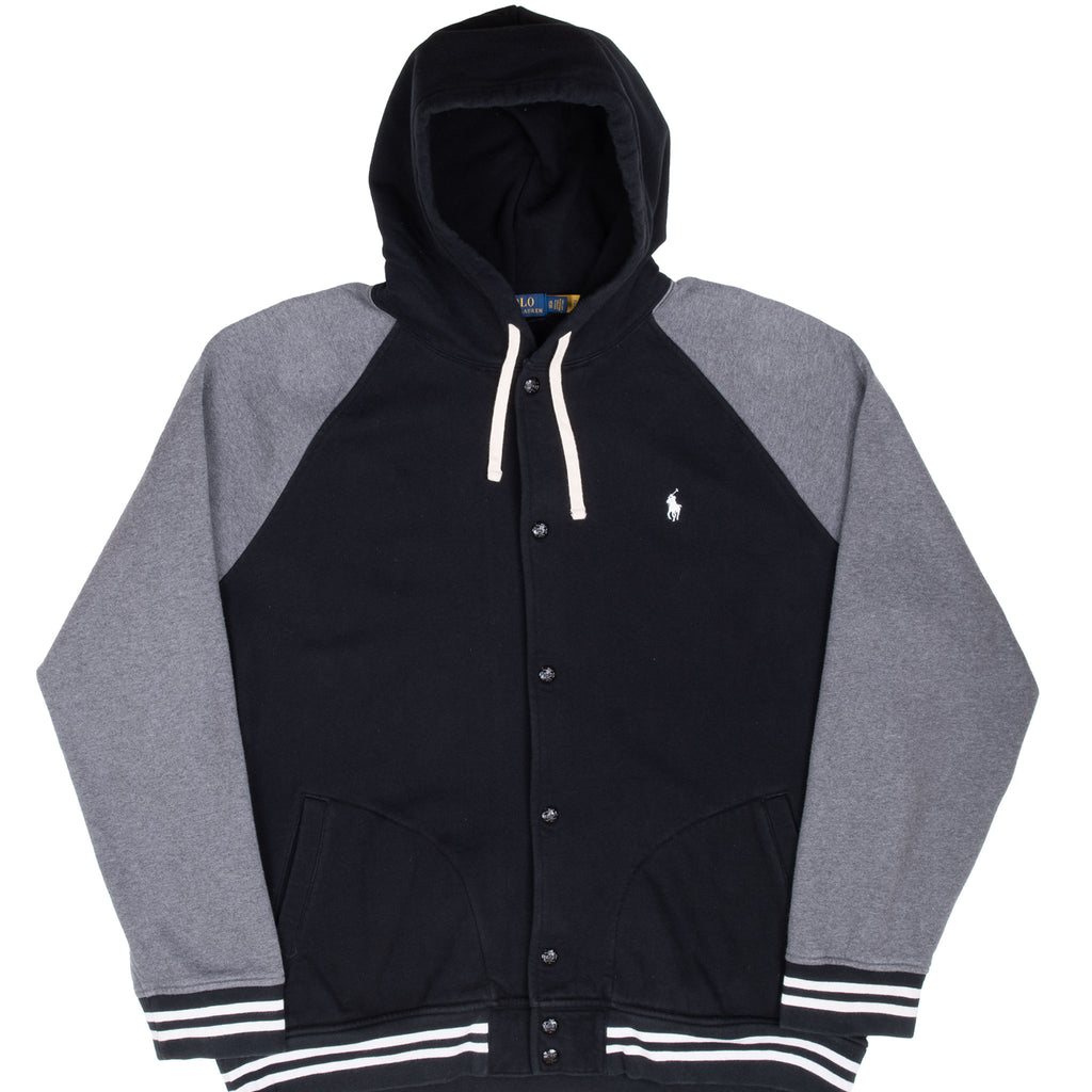 Vintage Ralph Lauren Button Up Black And Grey Hoodie Sweatshirt Size 2XL