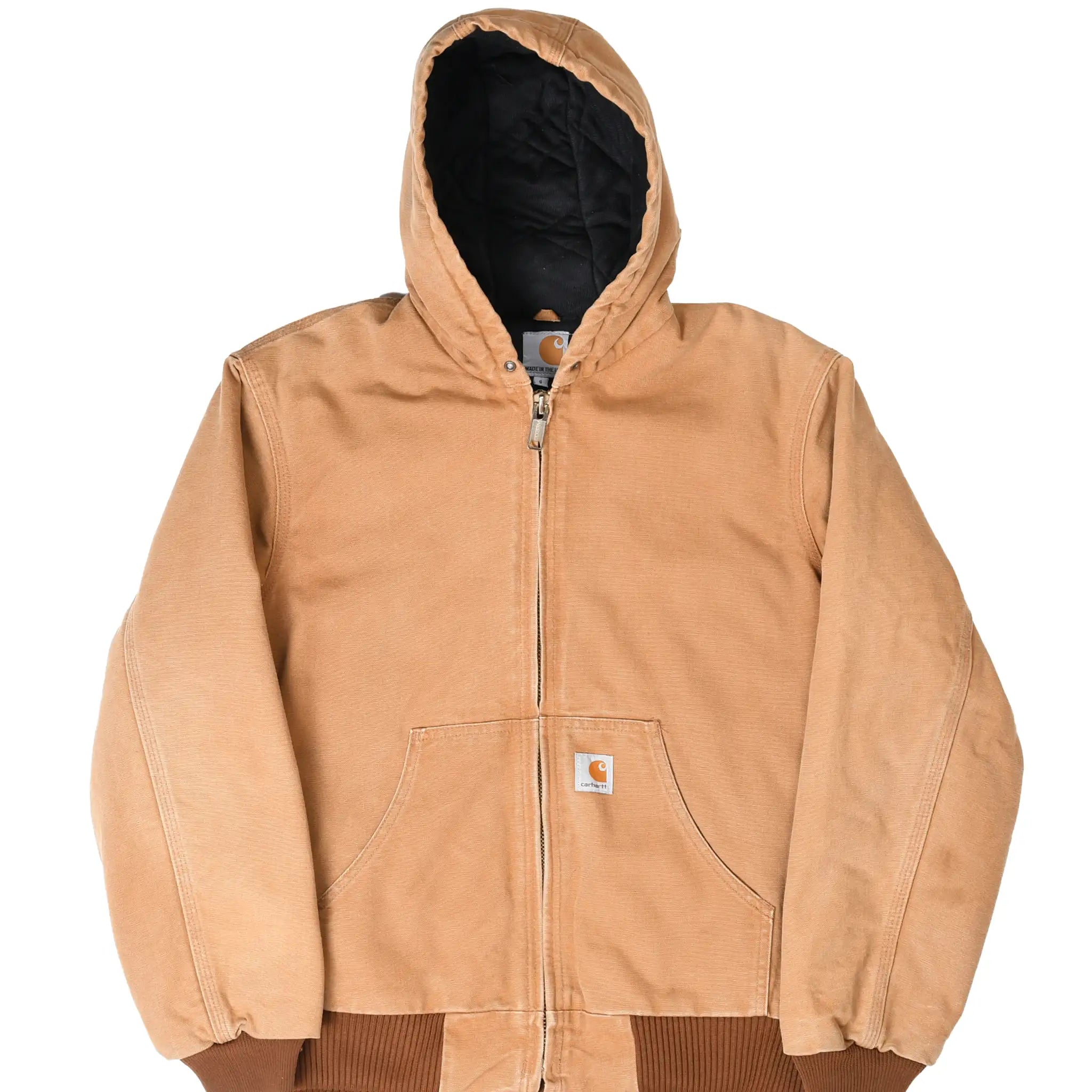 Front of brown Carhartt J140 hooded active jacket with zip closure and logo patch