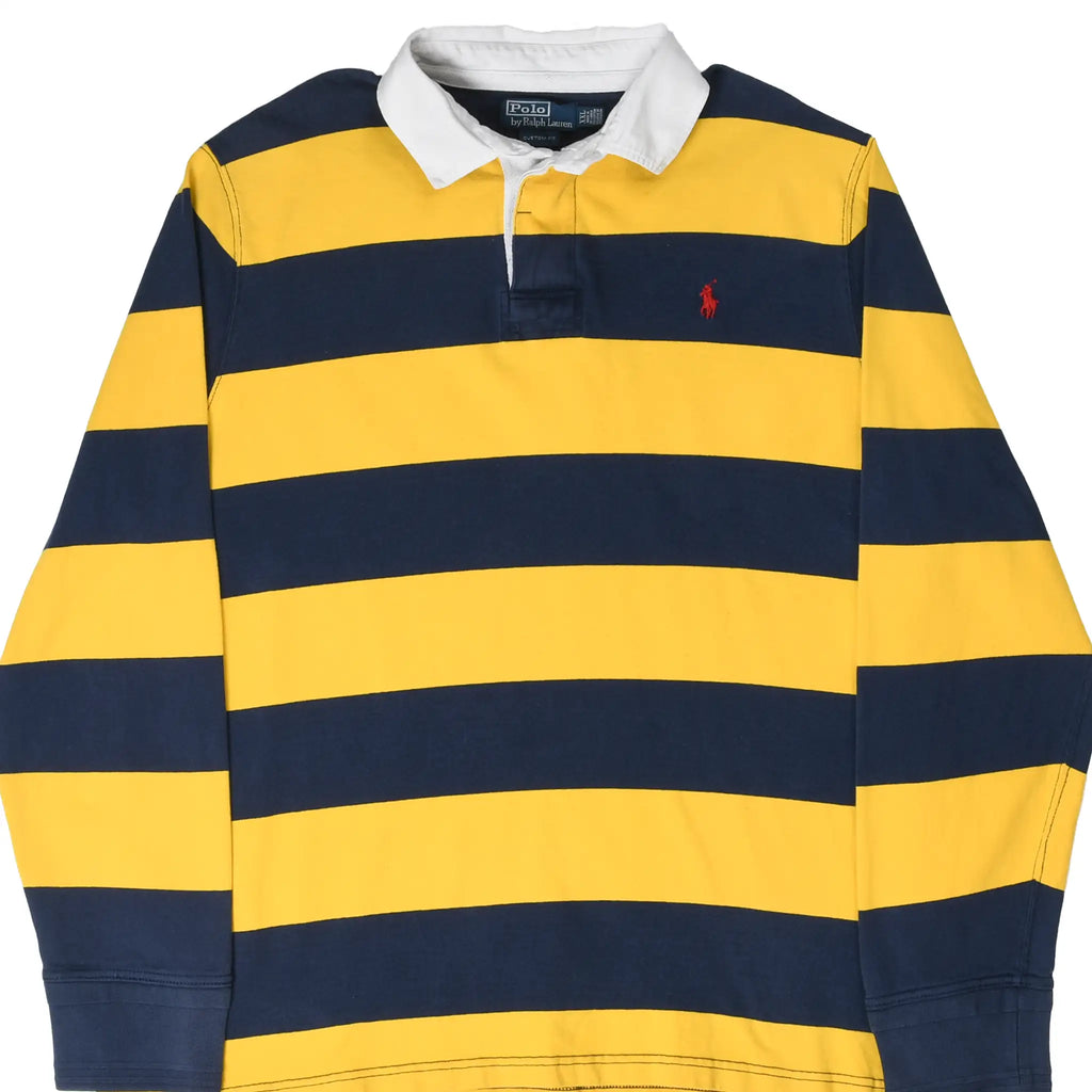 Front of Ralph Lauren rugby polo with navy and yellow stripes, white collar, and red pony embroidery