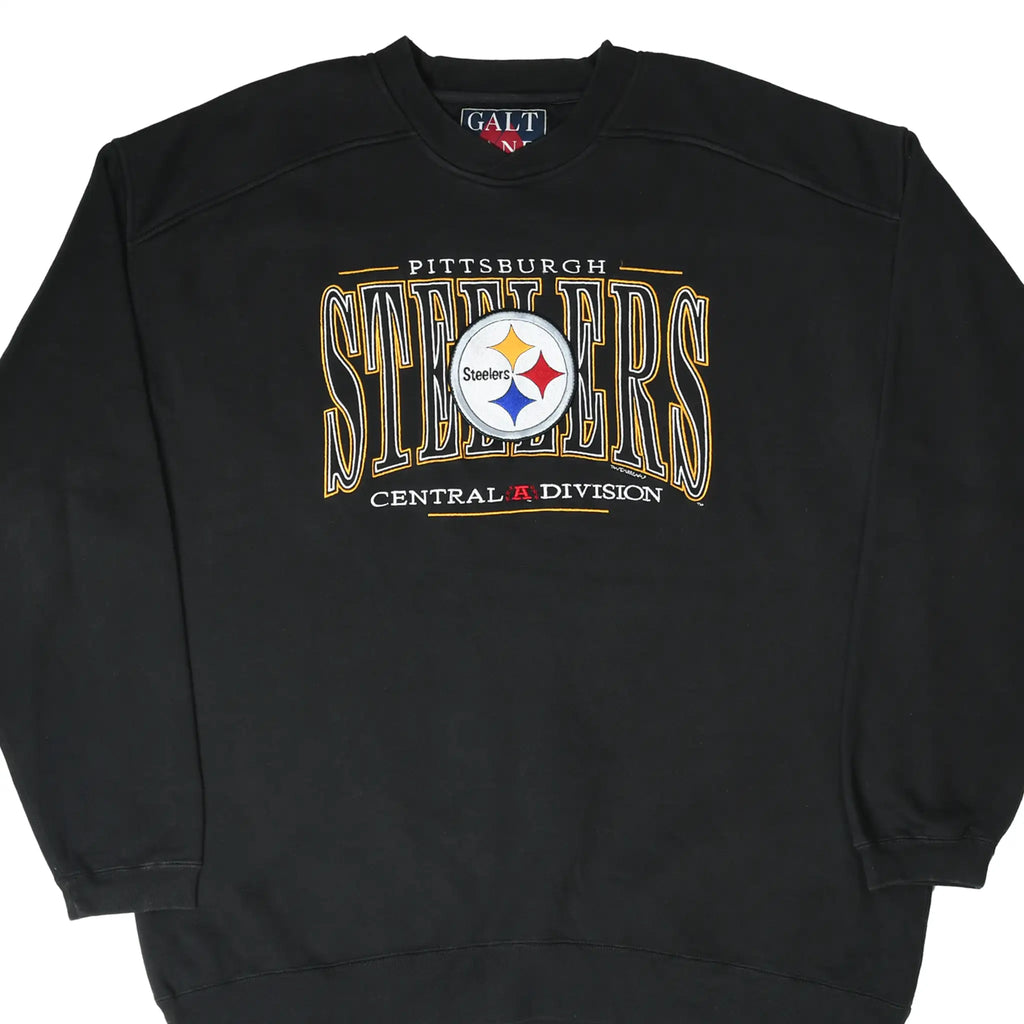 Front of black Pittsburgh Steelers sweatshirt with embroidered team logo and Central Division design