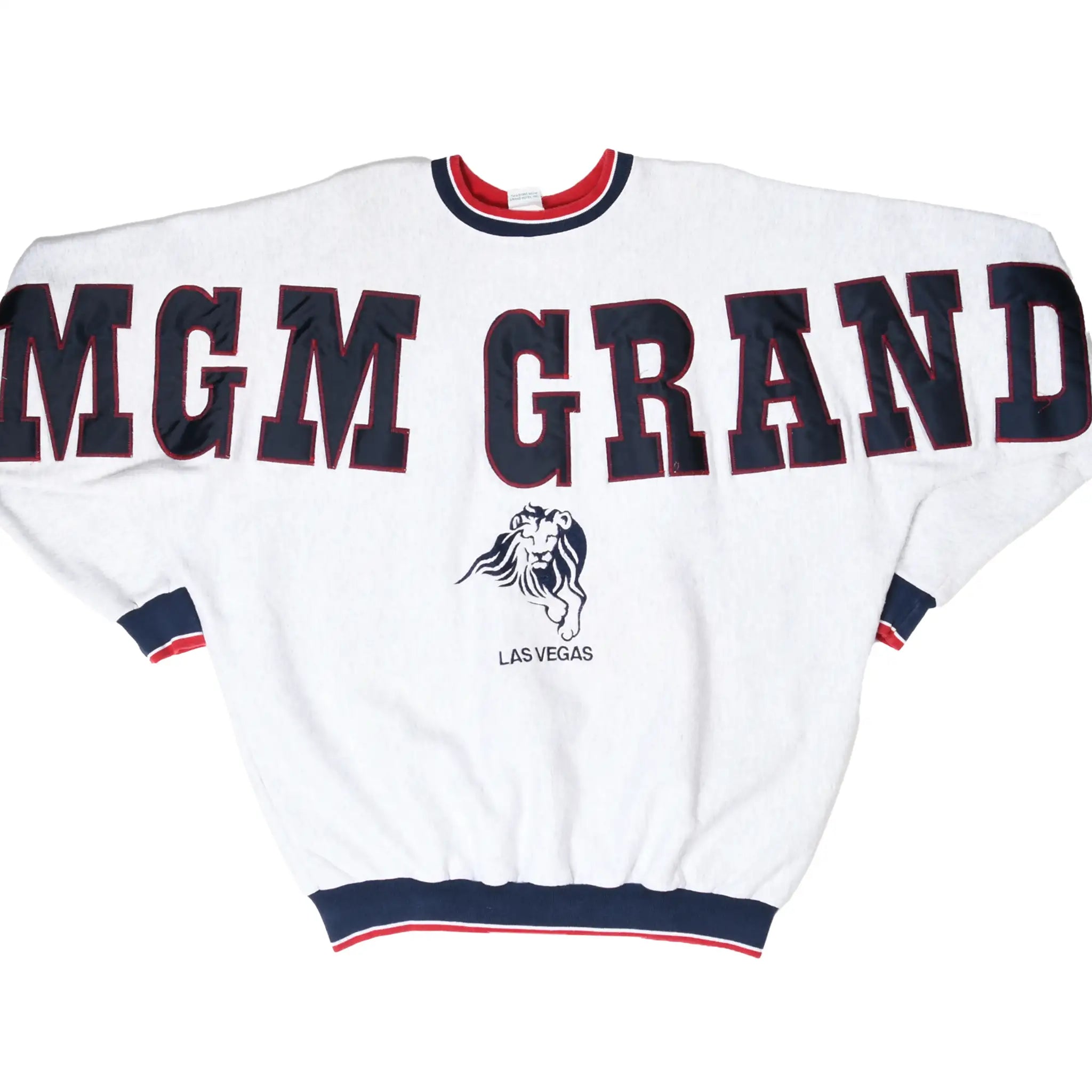 Front of white MGM Grand Las Vegas sweatshirt with navy lettering and lion embroidery