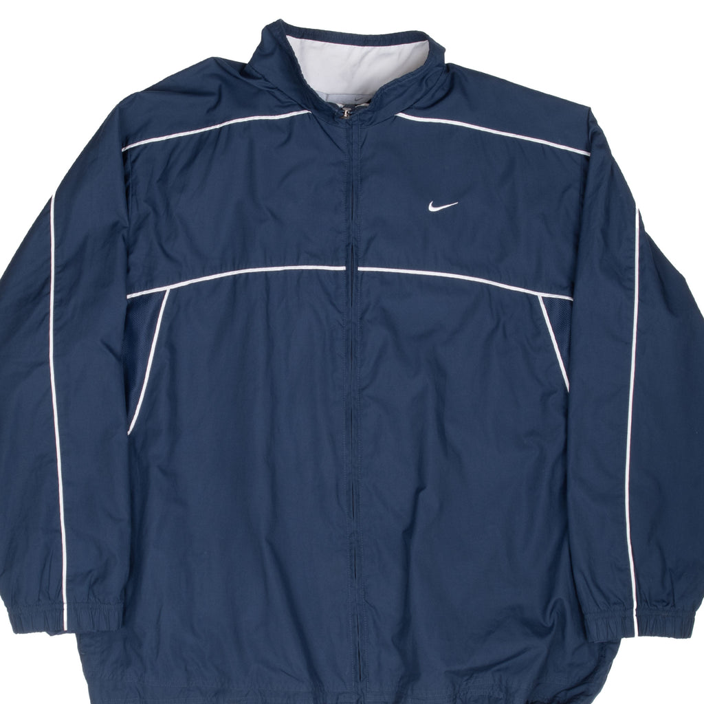 Front of navy Nike windbreaker jacket with white piping and embroidered Swoosh