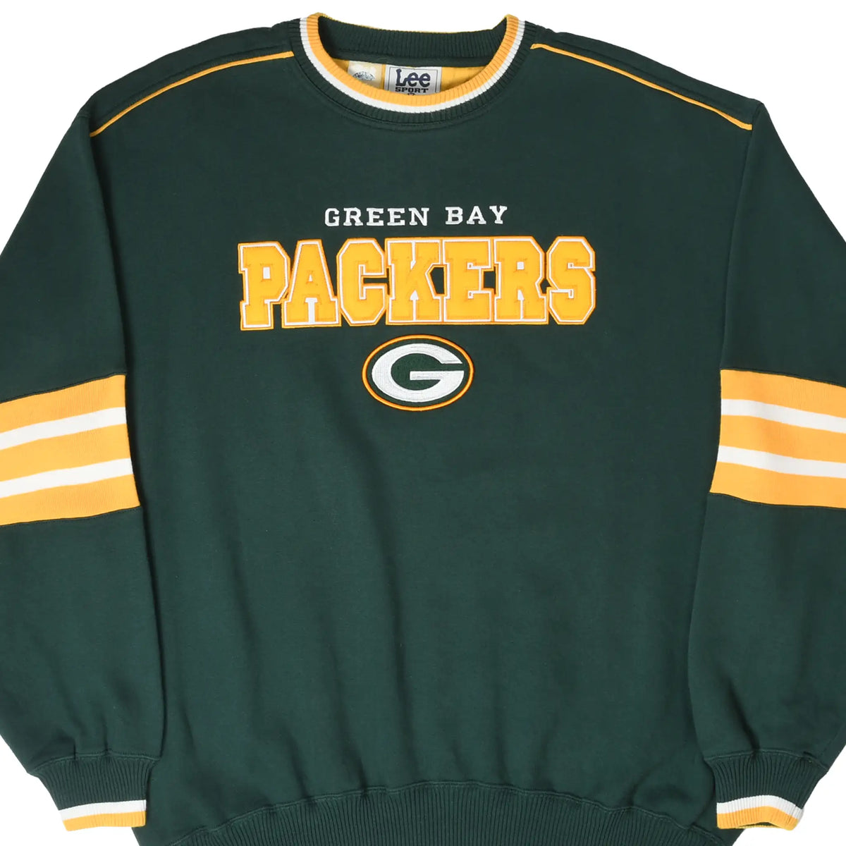 Front of green Green Bay Packers sweatshirt with embroidered lettering, G logo, and striped sleeves
