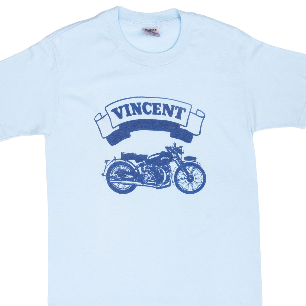 Vintage Vincent Biker Blue Tee Shirt 1980S Size Medium Made In Usa With Single Stitch Sleeves