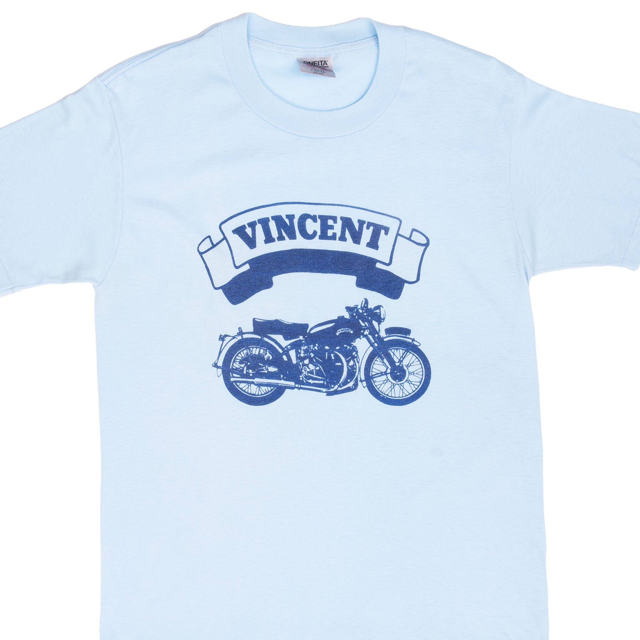 Vintage Vincent Biker Blue Tee Shirt 1980S Size Medium Made In Usa With Single Stitch Sleeves