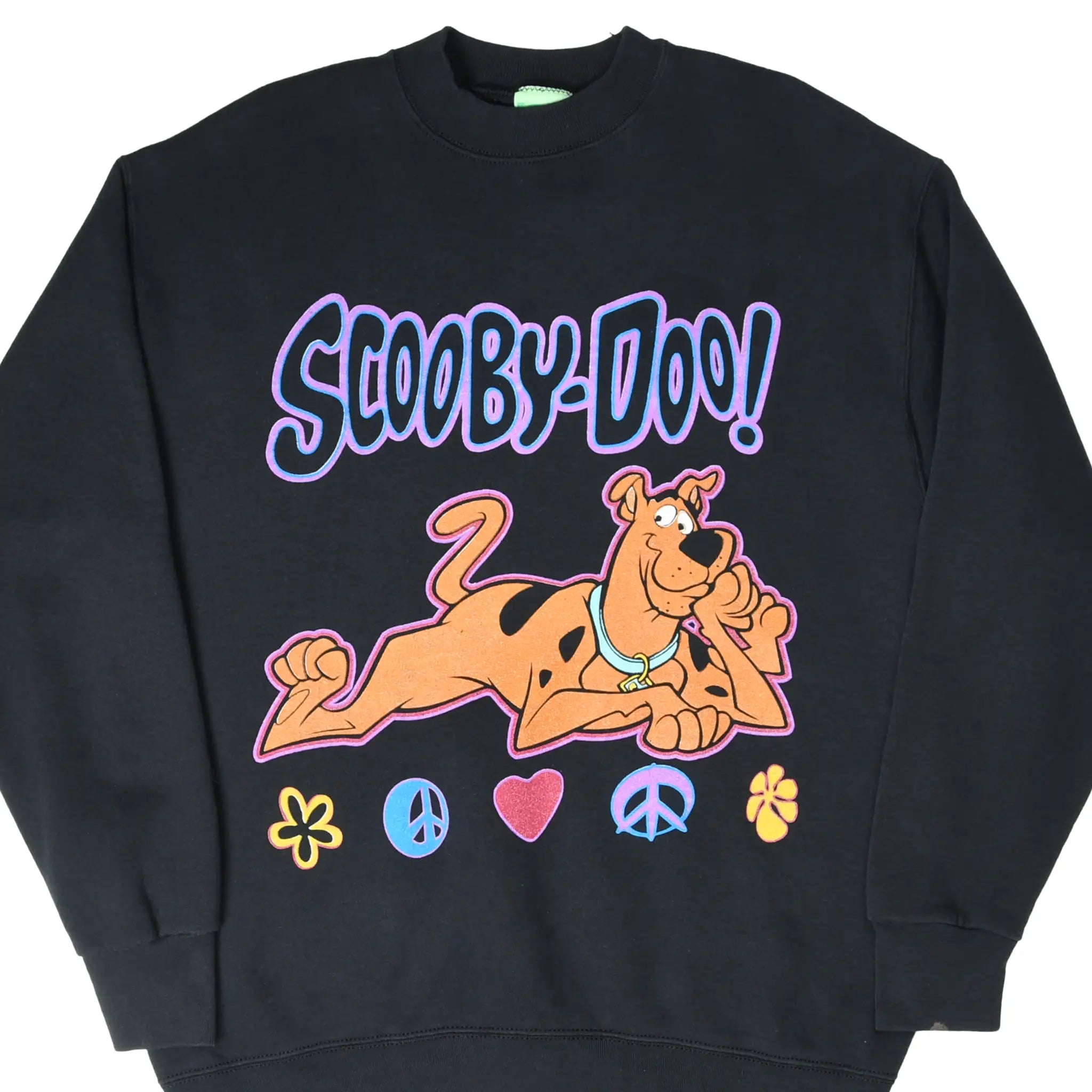 Front of black Scooby-Doo sweatshirt with character, heart, peace signs and flowers graphic