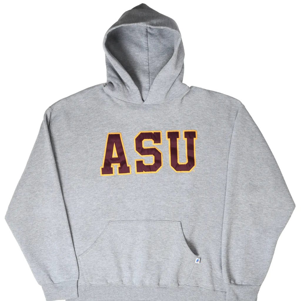 Front of gray Arizona State hoodie with maroon and gold ASU lettering and kangaroo pocket