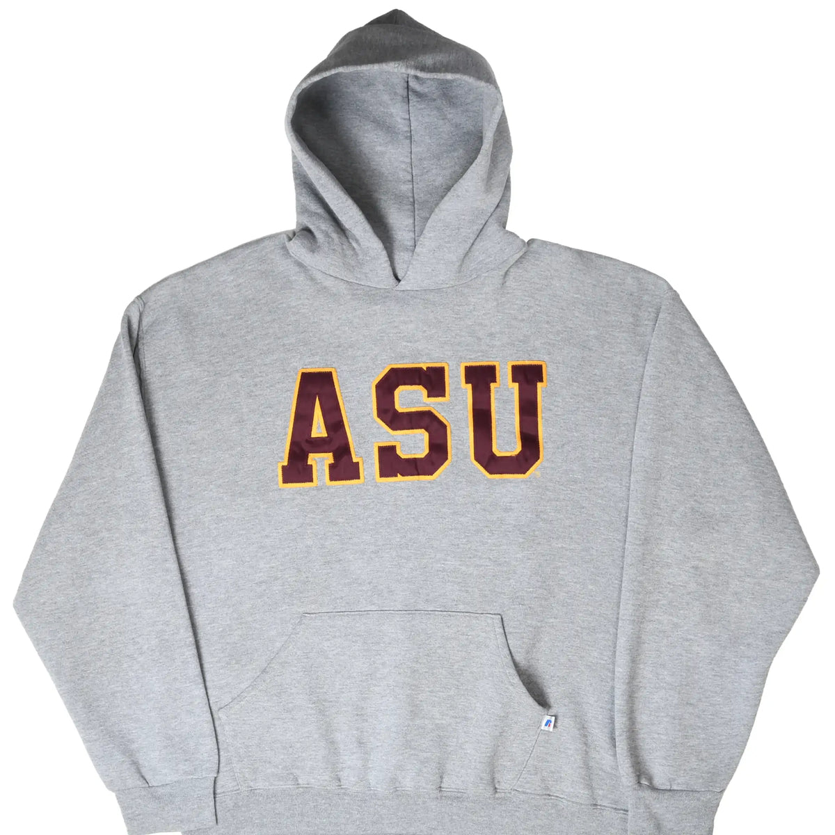 Front of gray Arizona State hoodie with maroon and gold ASU lettering and kangaroo pocket