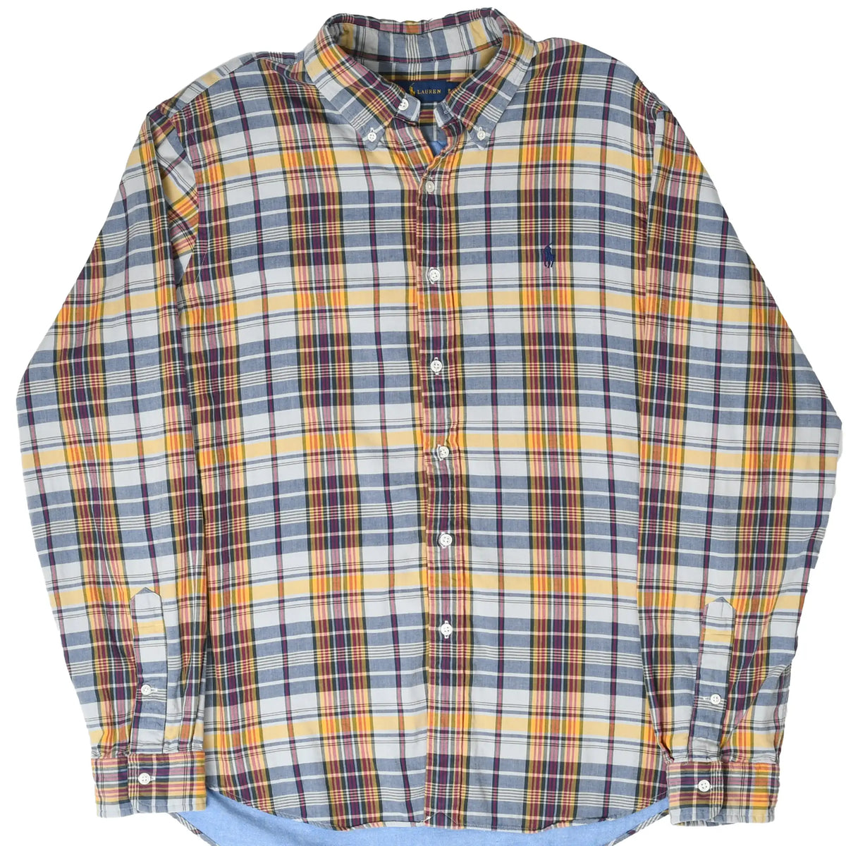 Front of Ralph Lauren button-down shirt in blue, yellow, red, and white plaid