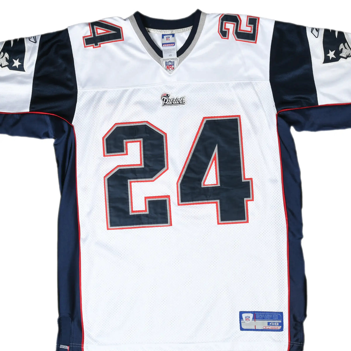 Front close-up of white New England Patriots Reebok Law #24 jersey with navy and red details