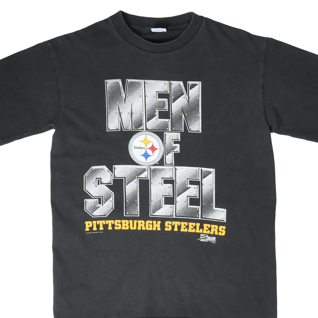 Front close-up of black Pittsburgh Steelers Men of Steel graphic T-shirt