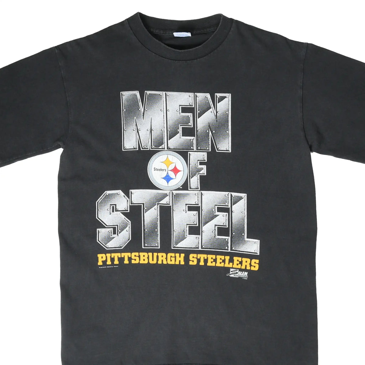 Front close-up of black Pittsburgh Steelers Men of Steel graphic T-shirt