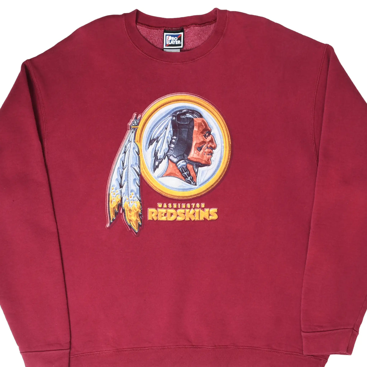 Front close-up of burgundy Washington Redskins sweatshirt with large team logo graphic