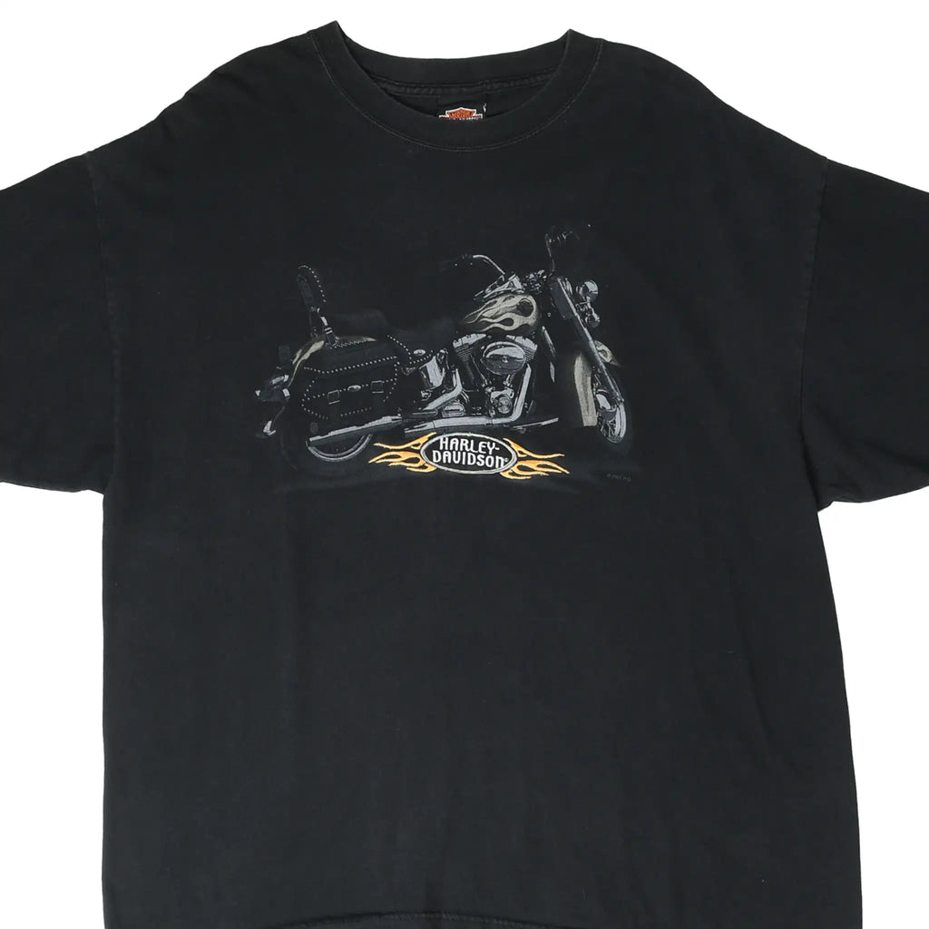 Front of black Harley-Davidson T-shirt with motorcycle and orange flame logo graphic