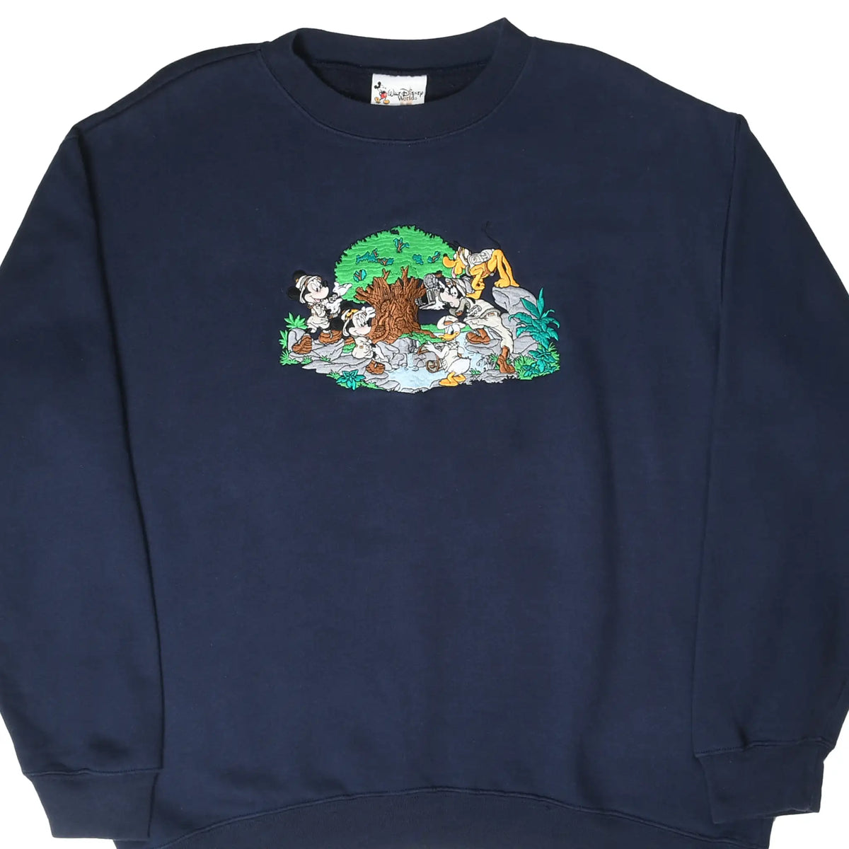 Front of navy Walt Disney World Animal Kingdom sweatshirt with embroidered Disney characters