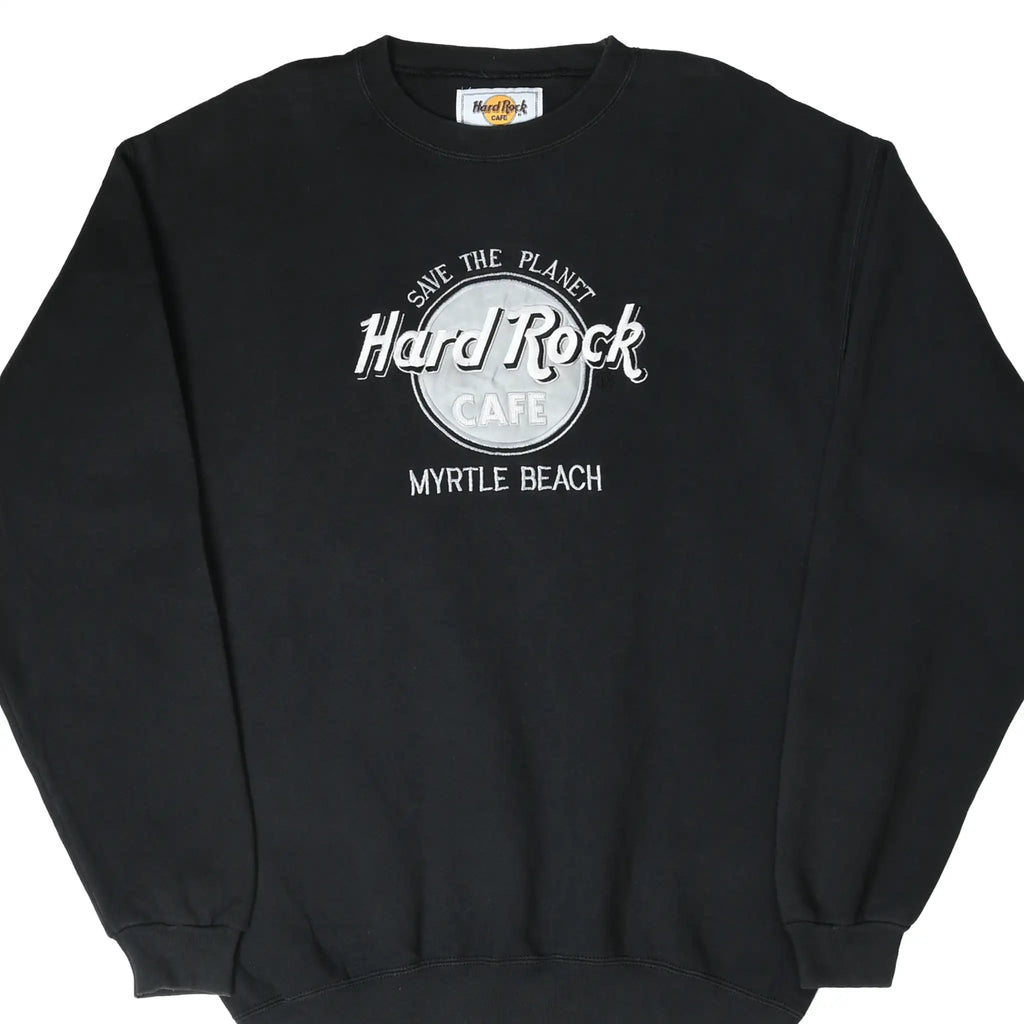 Front of black Hard Rock Cafe Myrtle Beach sweatshirt with white Save the Planet logo