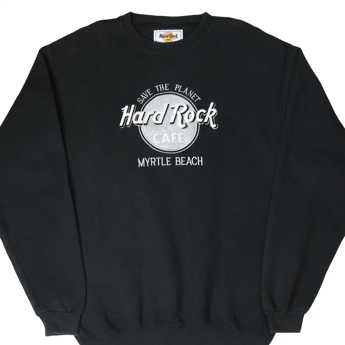 Front of black Hard Rock Cafe Myrtle Beach sweatshirt with white Save the Planet logo
