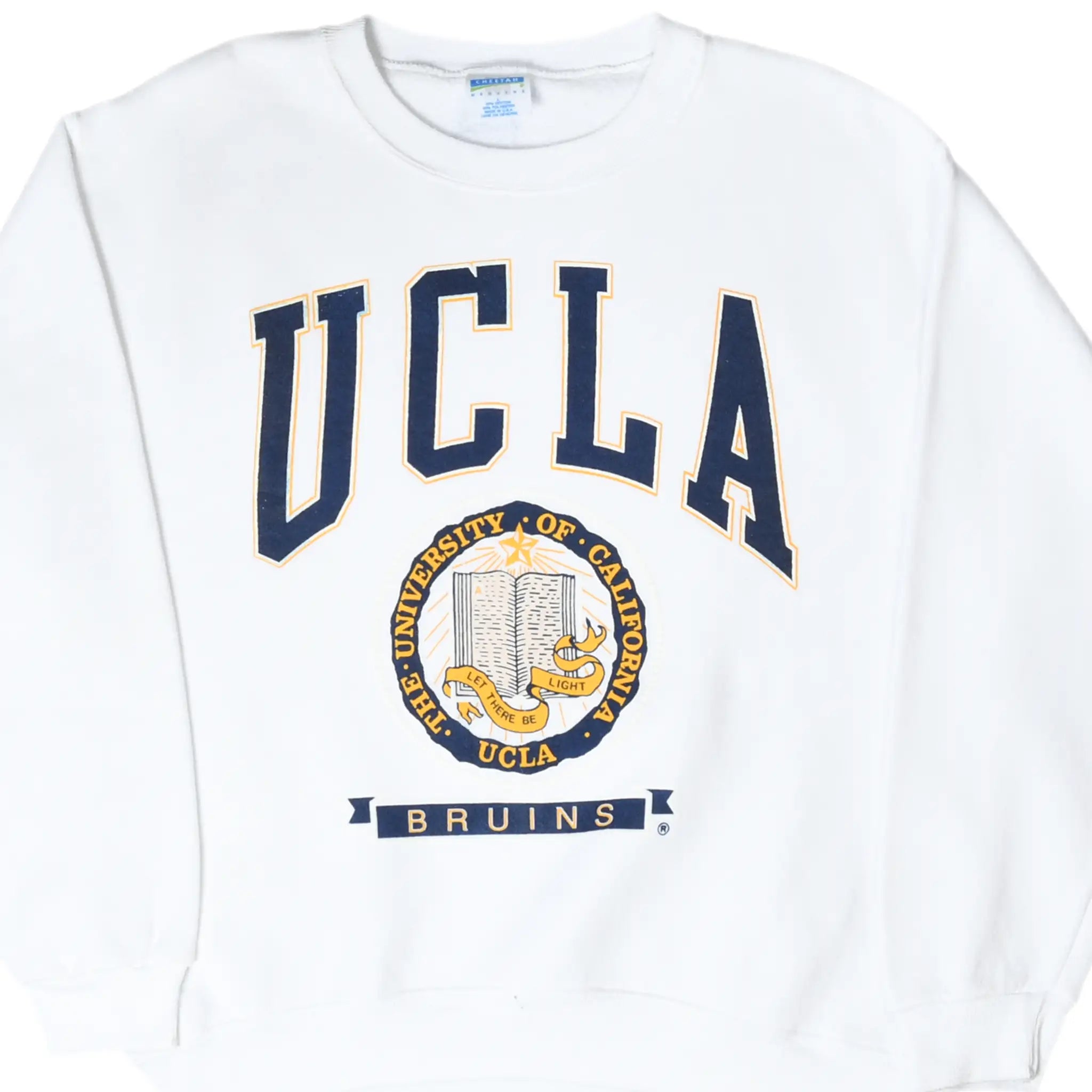 Front of white UCLA Bruins sweatshirt with navy and gold university seal graphic