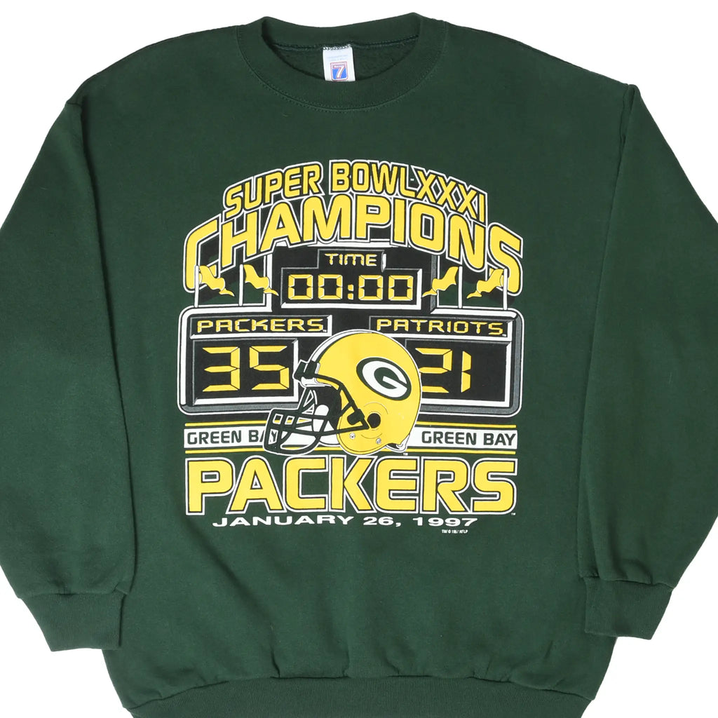 Front of green Green Bay Packers Super Bowl XXXI champions sweatshirt with helmet and 35-21 score graphic