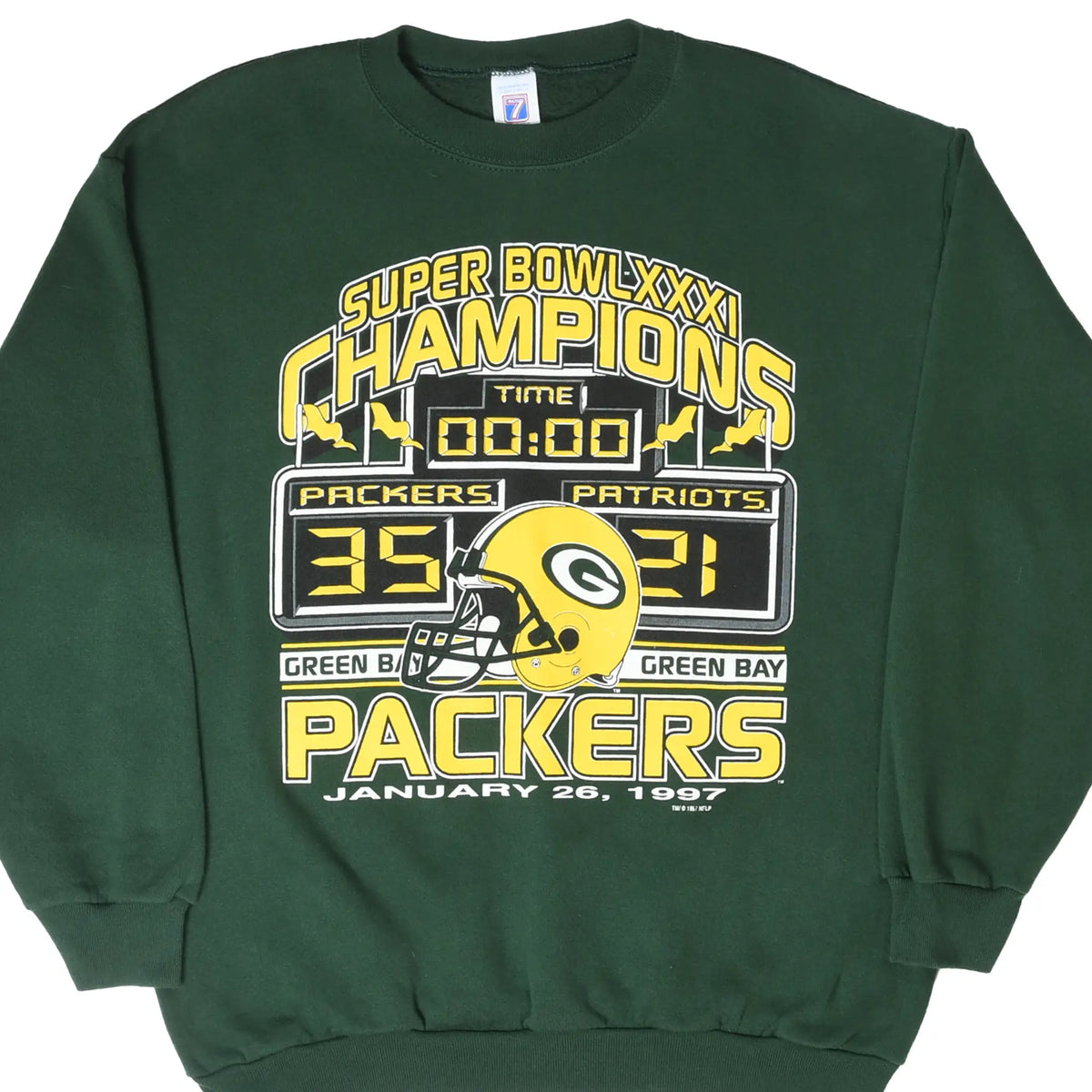 Front of green Green Bay Packers Super Bowl XXXI champions sweatshirt with helmet and 35-21 score graphic