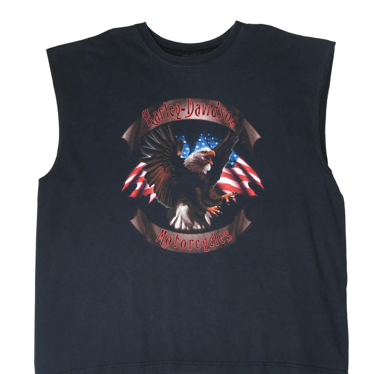 Front of black Harley-Davidson sleeveless shirt with bald eagle and American flag graphic