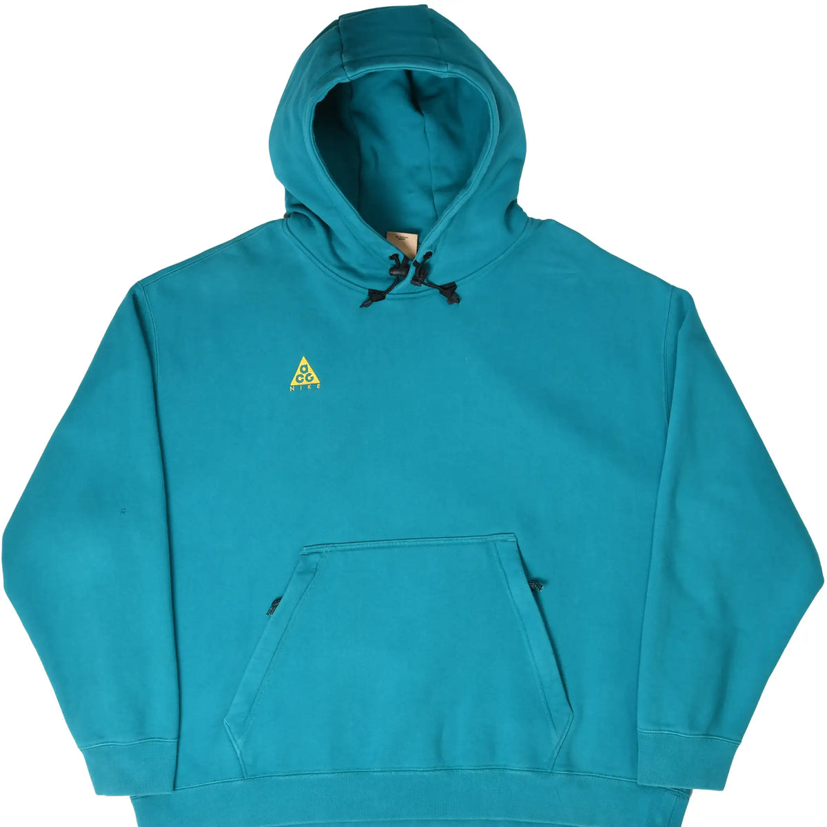 Front of teal blue Nike ACG pullover hoodie with yellow chest logo, toggle drawcords, and kangaroo pocket