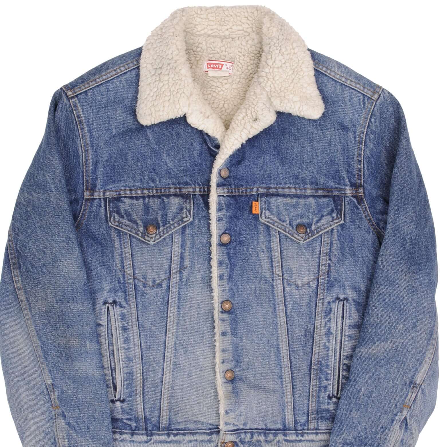 Vintage Levis Sherpa Trucker Denim Jacket Orange Tab Medium Wash Clean 1970s Size 40R Made In USA  Back Button #527