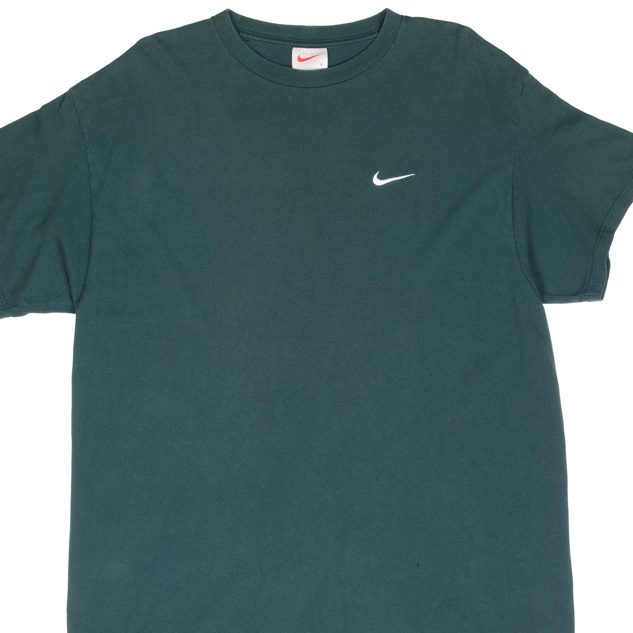 Vintage Nike Small Swoosh Embroidered Green Tee Shirt Late 1990s Size Large Made In USA