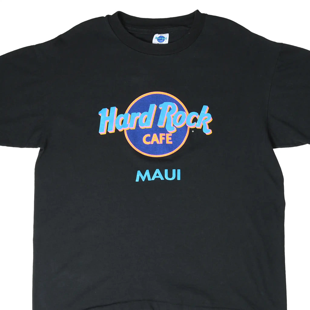 Front of black Hard Rock Cafe Maui T-shirt with blue, pink, and orange logo graphic