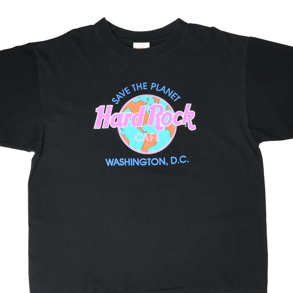 Front close-up of black Hard Rock Cafe Washington, D.C. T-shirt with Save the Planet globe graphic