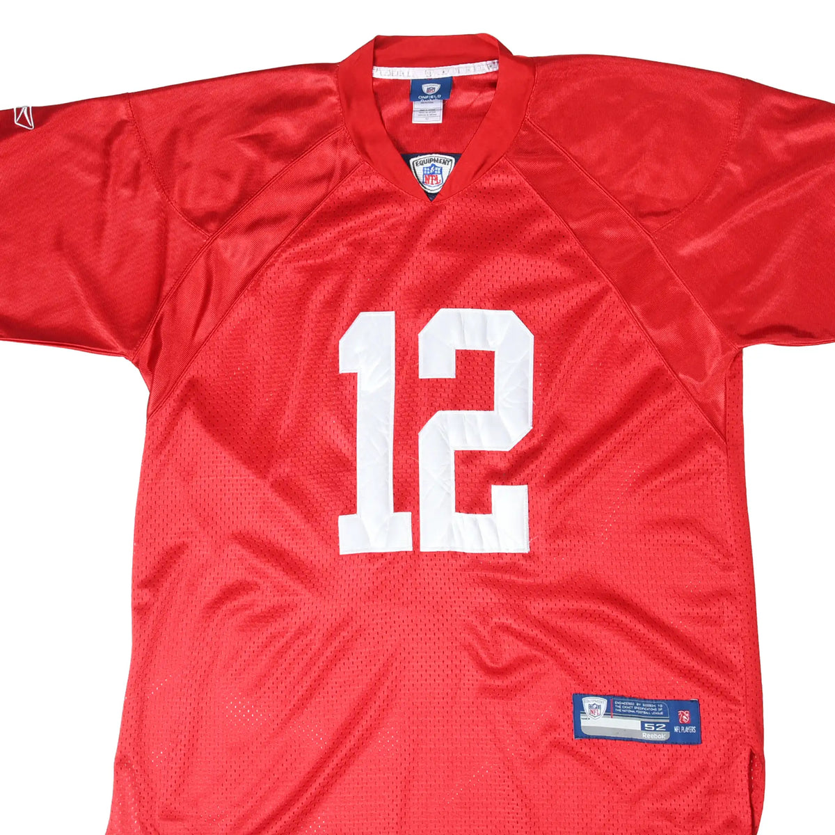 Front detail of red Reebok Green Bay Packers Aaron Rodgers jersey with white number 12