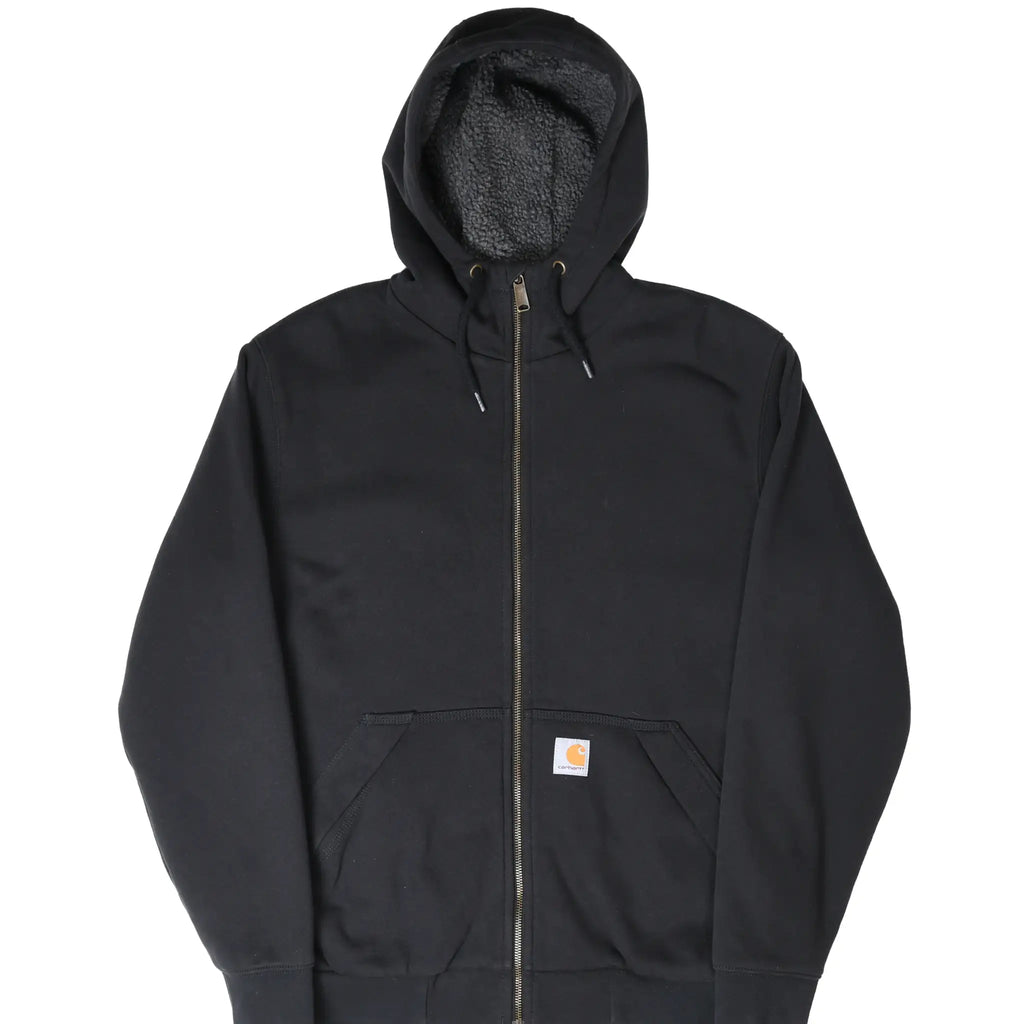 Front of black Carhartt full-zip hoodie with sherpa-lined hood and logo patch