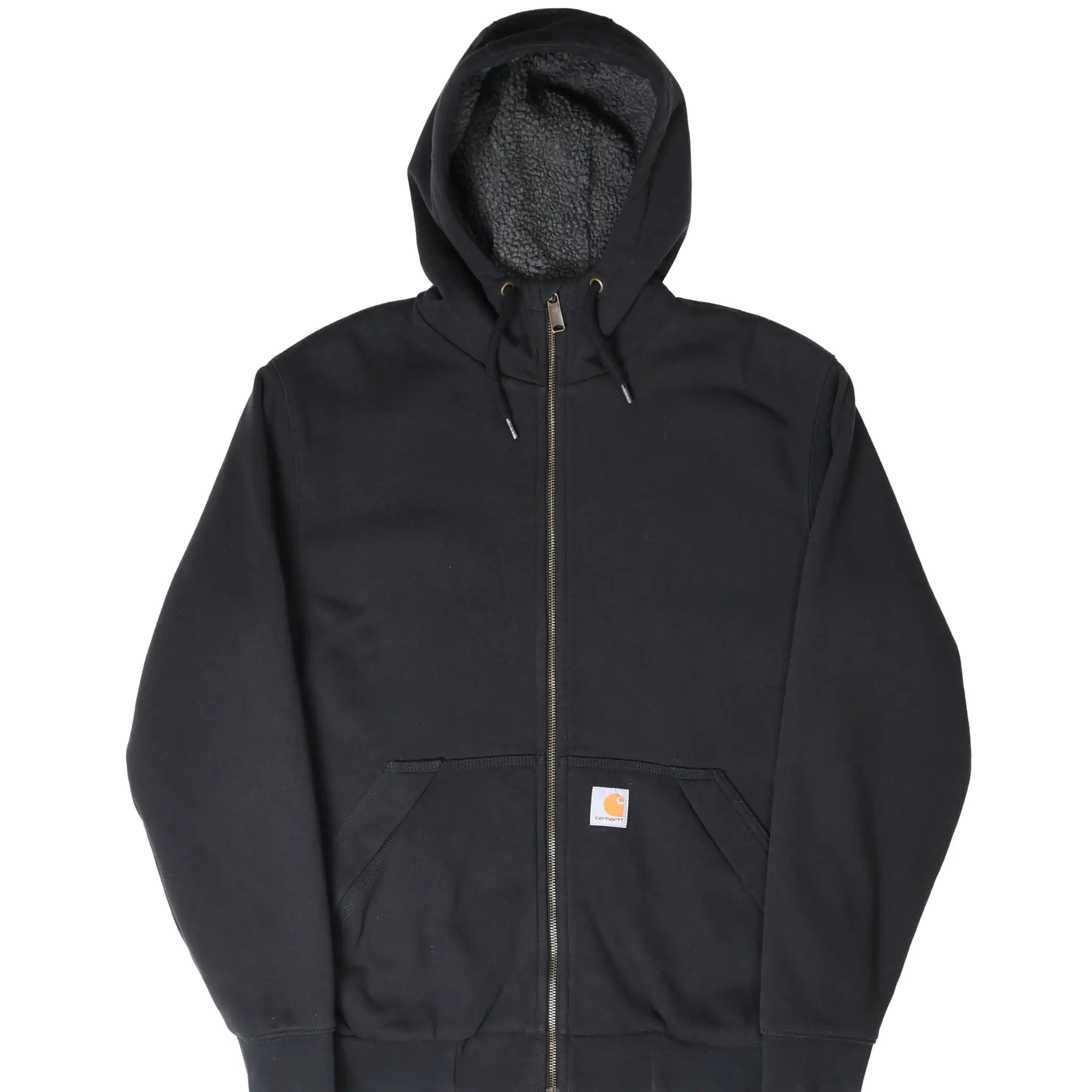 Front of black Carhartt full-zip hoodie with sherpa-lined hood and logo patch
