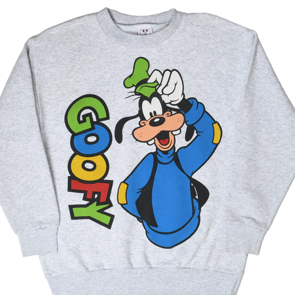 Front of gray Disney sweatshirt with Goofy in blue and colorful vertical GOOFY lettering