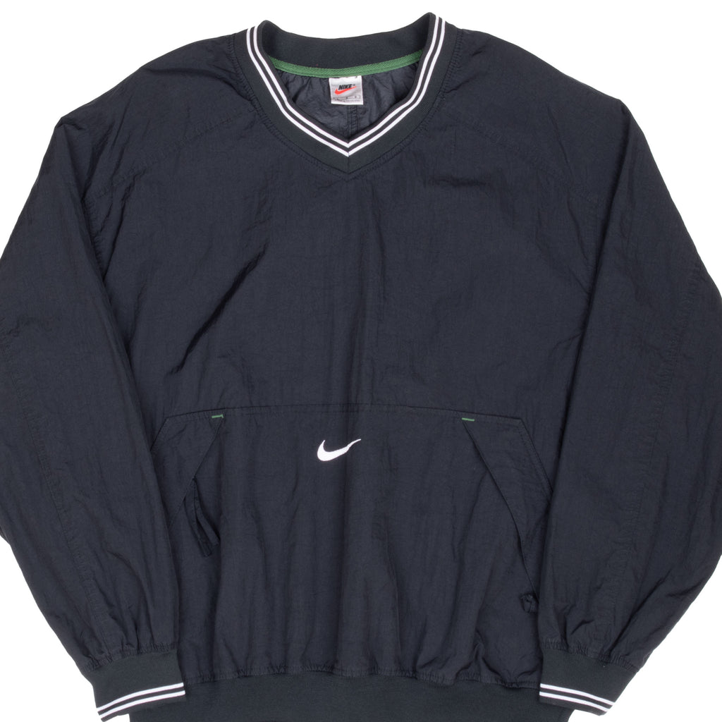 Front of black Nike pullover windbreaker with white center Swoosh and striped V-neck