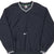 Front of black Nike pullover windbreaker with white center Swoosh and striped V-neck