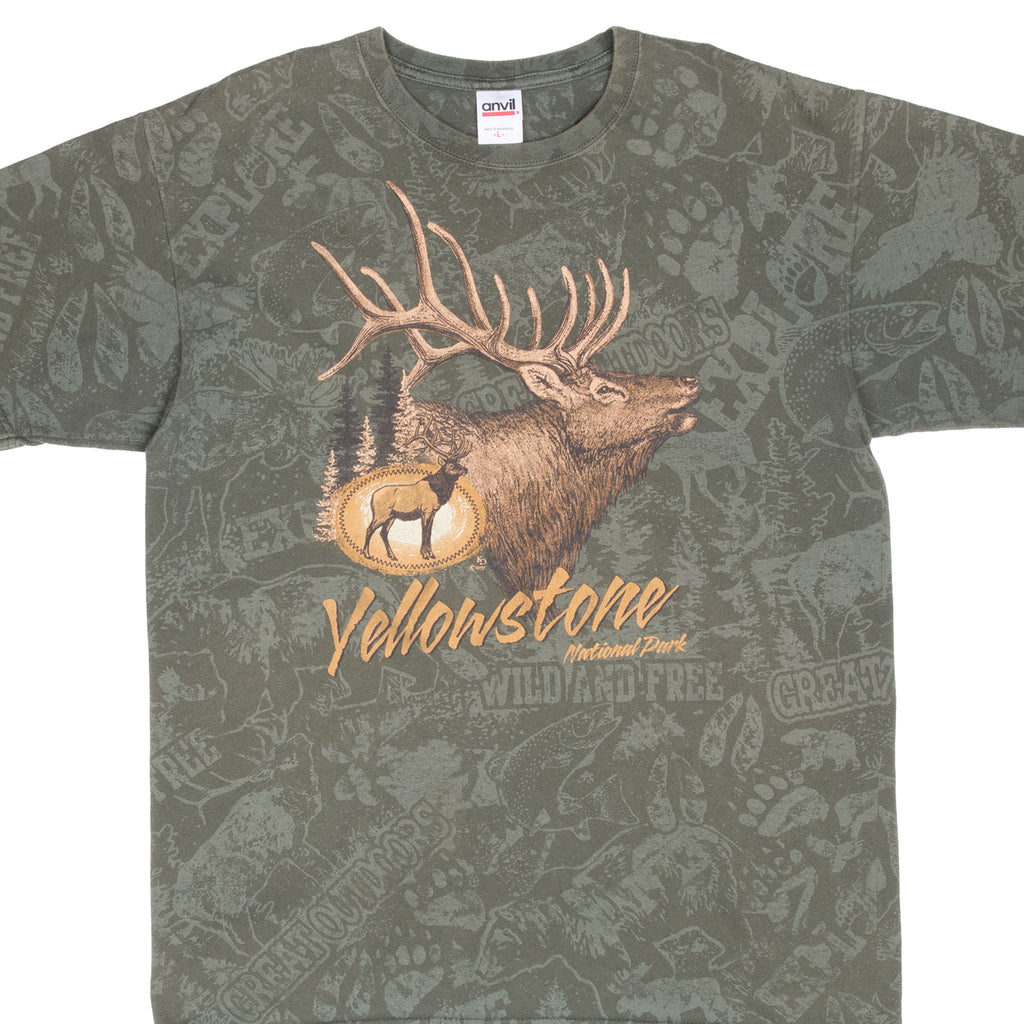 Vintage Yellow Stone National Park Elk Animal Print Tee Shirt 2000S Size Large