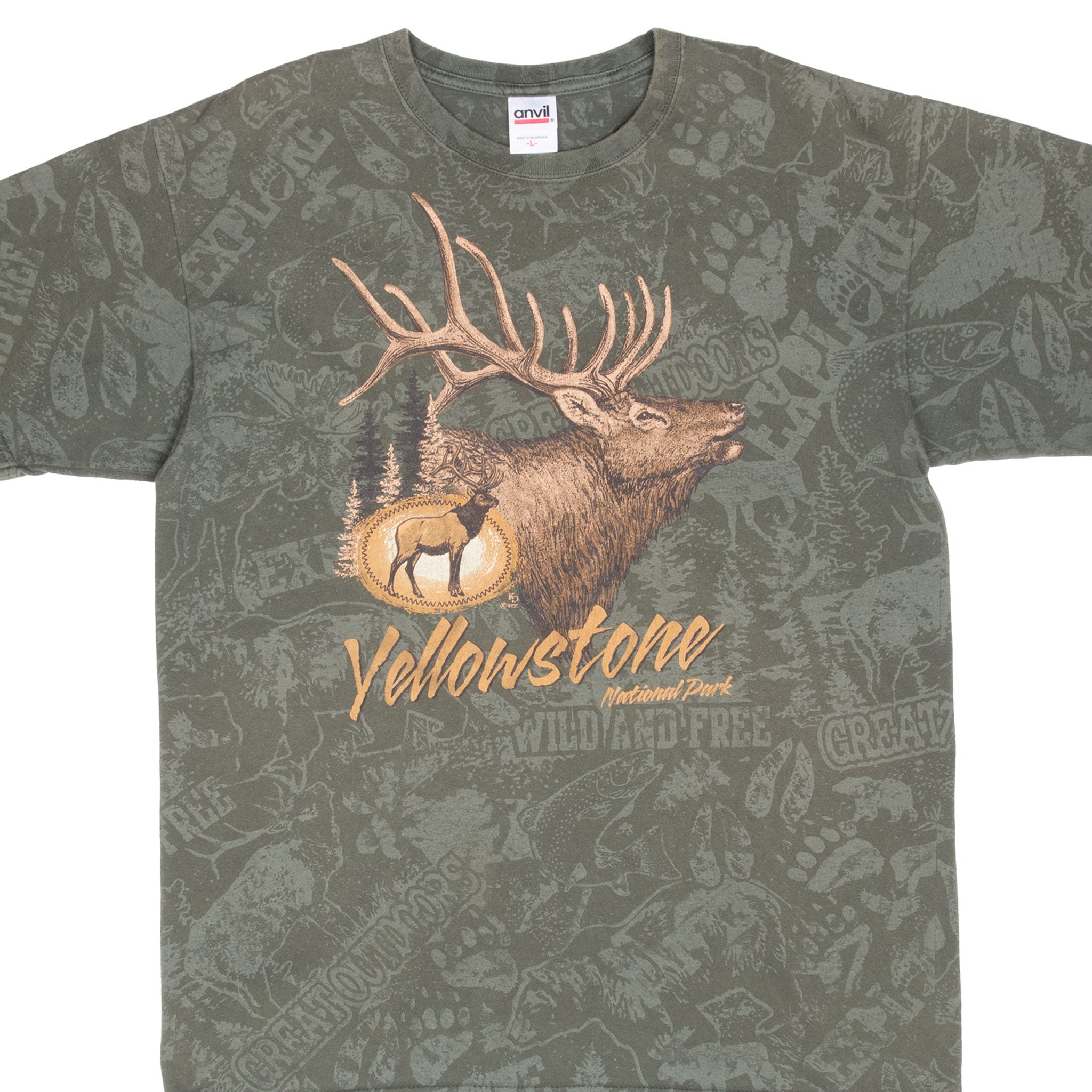 Vintage Yellow Stone National Park Elk Animal Print Tee Shirt 2000S Size Large