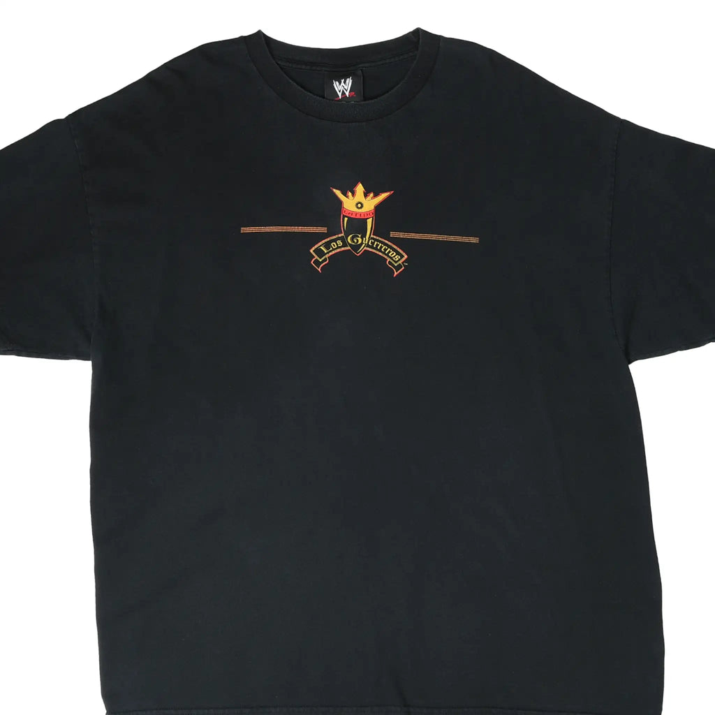 Front of black WWE Los Guerreros T-shirt with small gold and red crown crest