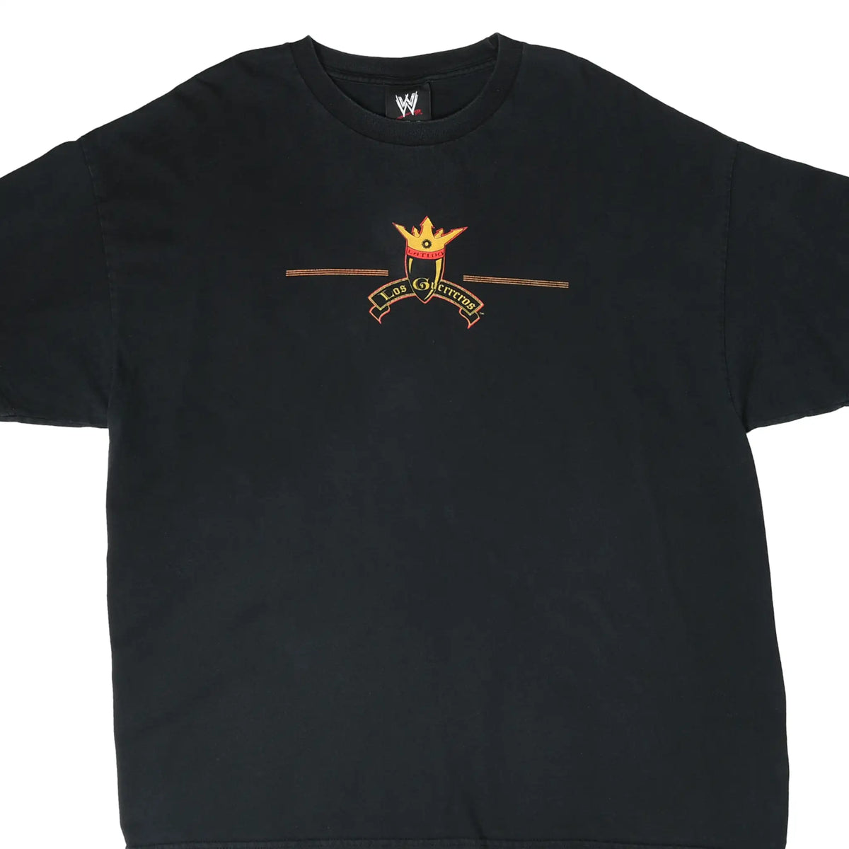 Front of black WWE Los Guerreros T-shirt with small gold and red crown crest