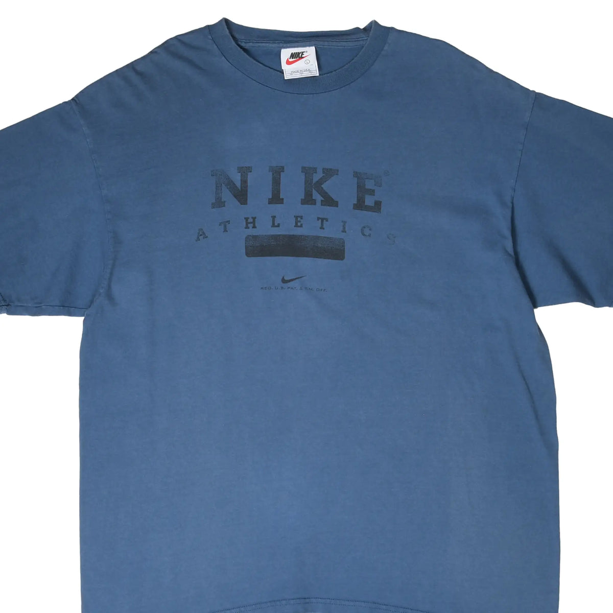 Close front view of blue-grey Nike T-shirt with black Nike Athletics chest print