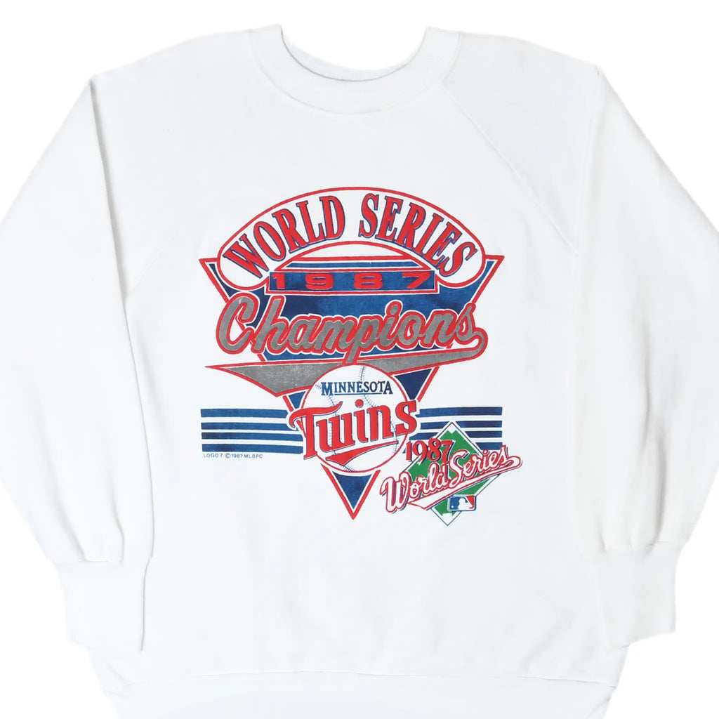 Front of white Minnesota Twins 1987 World Series Champions sweatshirt with red and blue graphic