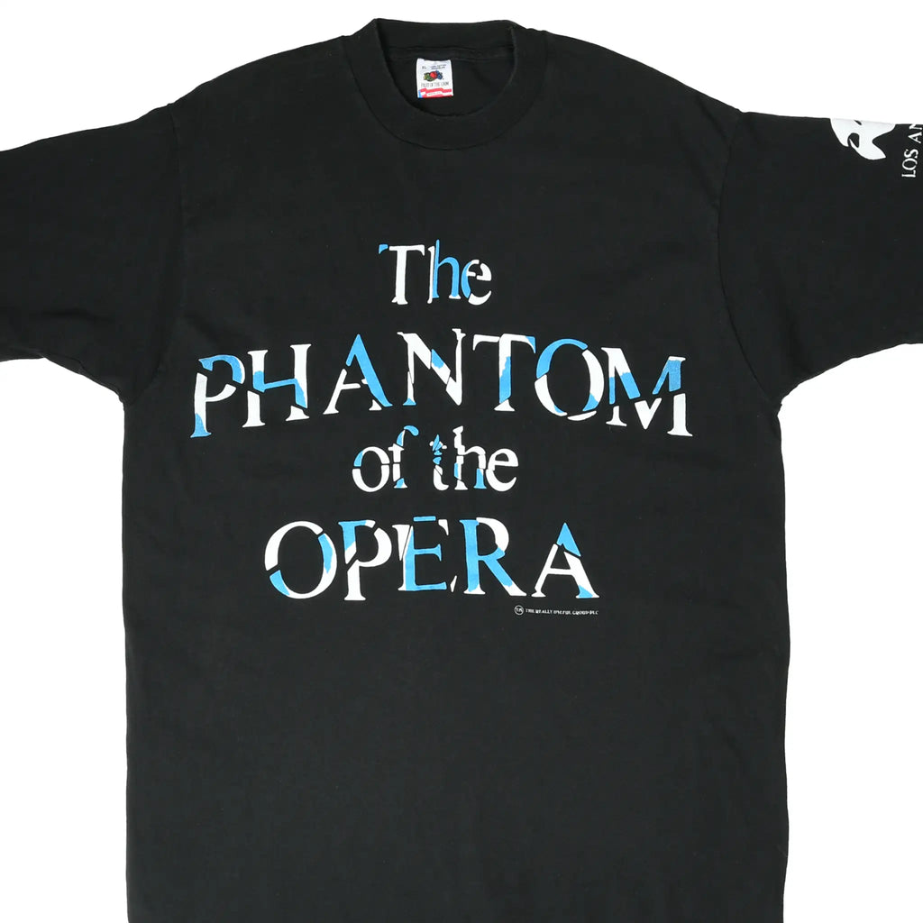 Front of black The Phantom of the Opera T-shirt with blue and white lettering