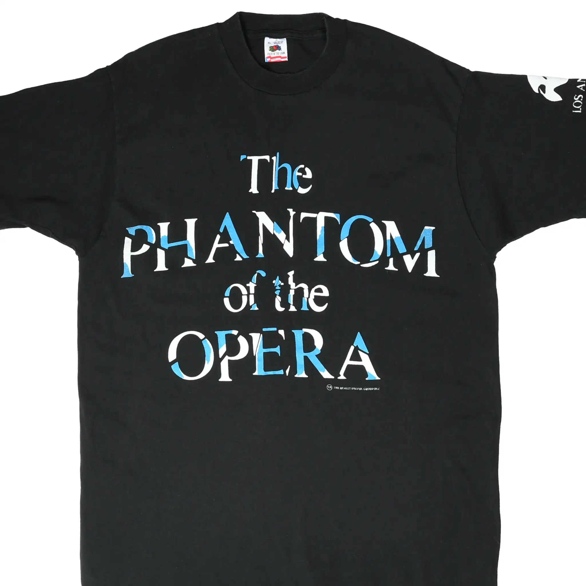 Front of black The Phantom of the Opera T-shirt with blue and white lettering